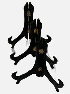 Vintage Black Wooden Plate Stand Display Easel Picture Frame Holder Brass Hinges